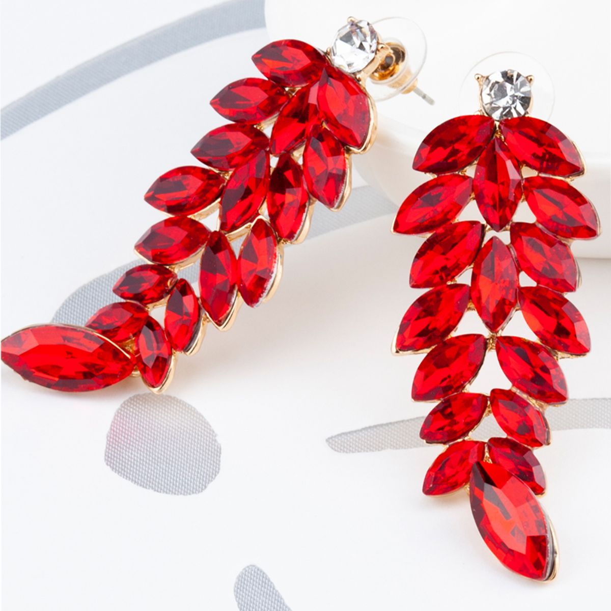 Red Crystal Dangle Earrings With Silver Tone For Women