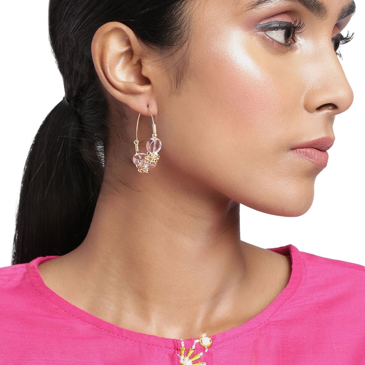 Fida Ethnic Traditional Hoop earrings with baby pink pearl drops
