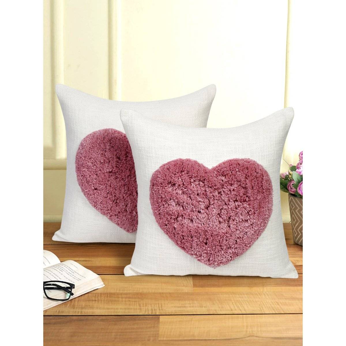 Eyda Cotton Tufted Heart Embroidered Cushion Cover Set of 2