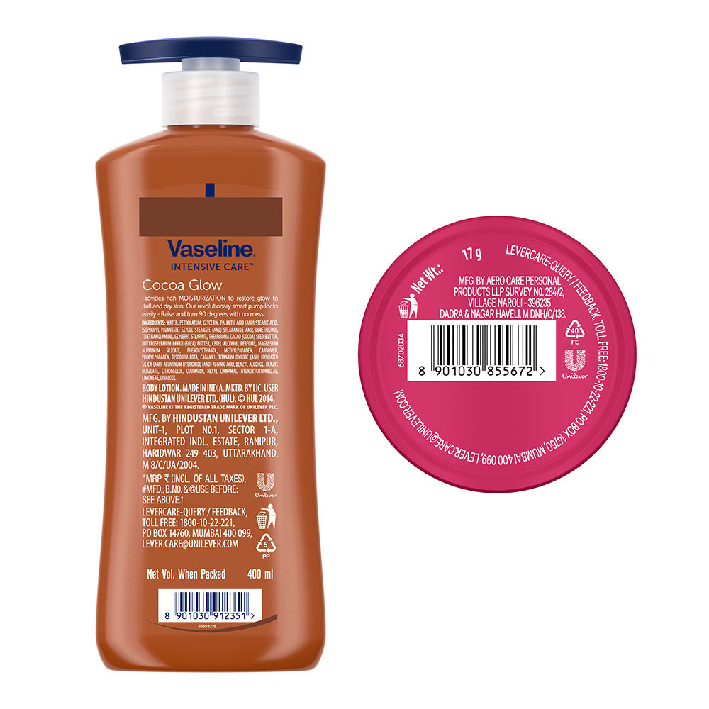 Vaseline Cocoa Glow Lotion With Rosy Lip Tin For Glowing Skin & Sheer ...