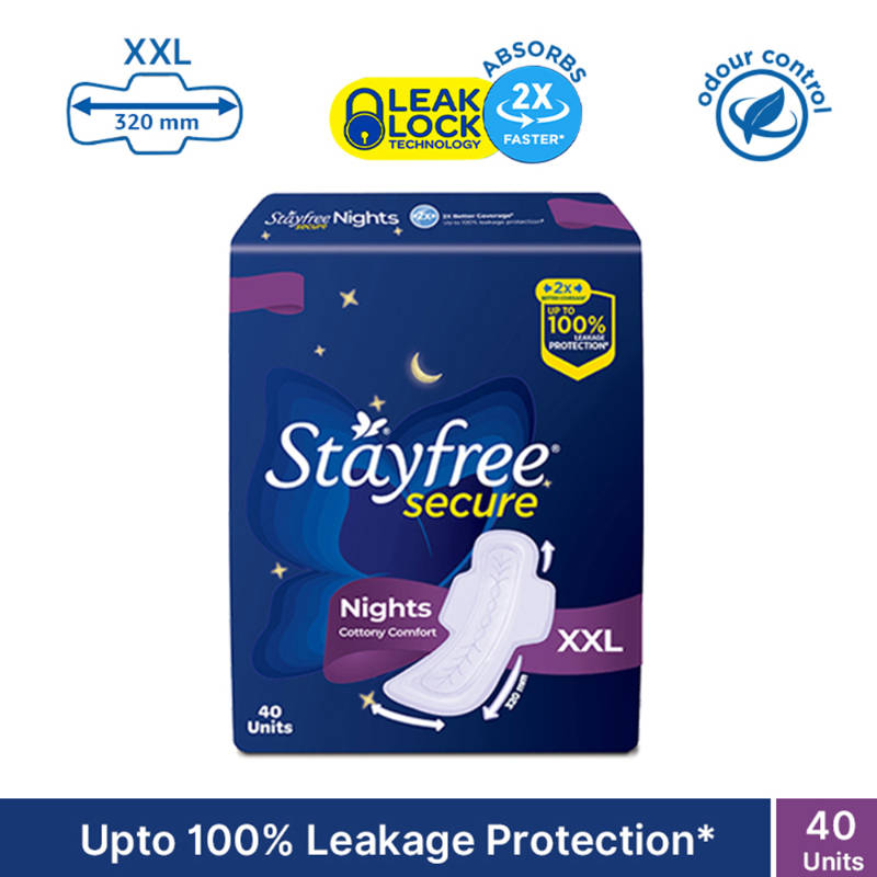 Stayfree Secure Nights Sanitary Pads with Cottony Soft Cover for Comfort - XXL - Pack of 40