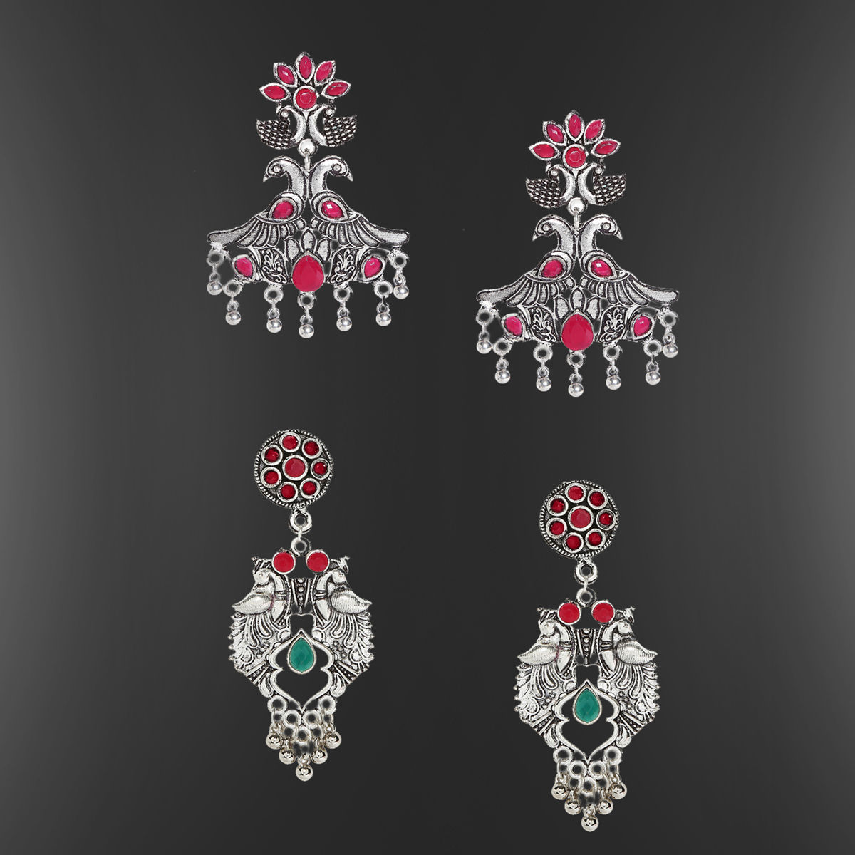 Buy Fabula Combo Of 2 Oxidised Silver With Maroon Green Stone In Peacock Design Ethnic Drop