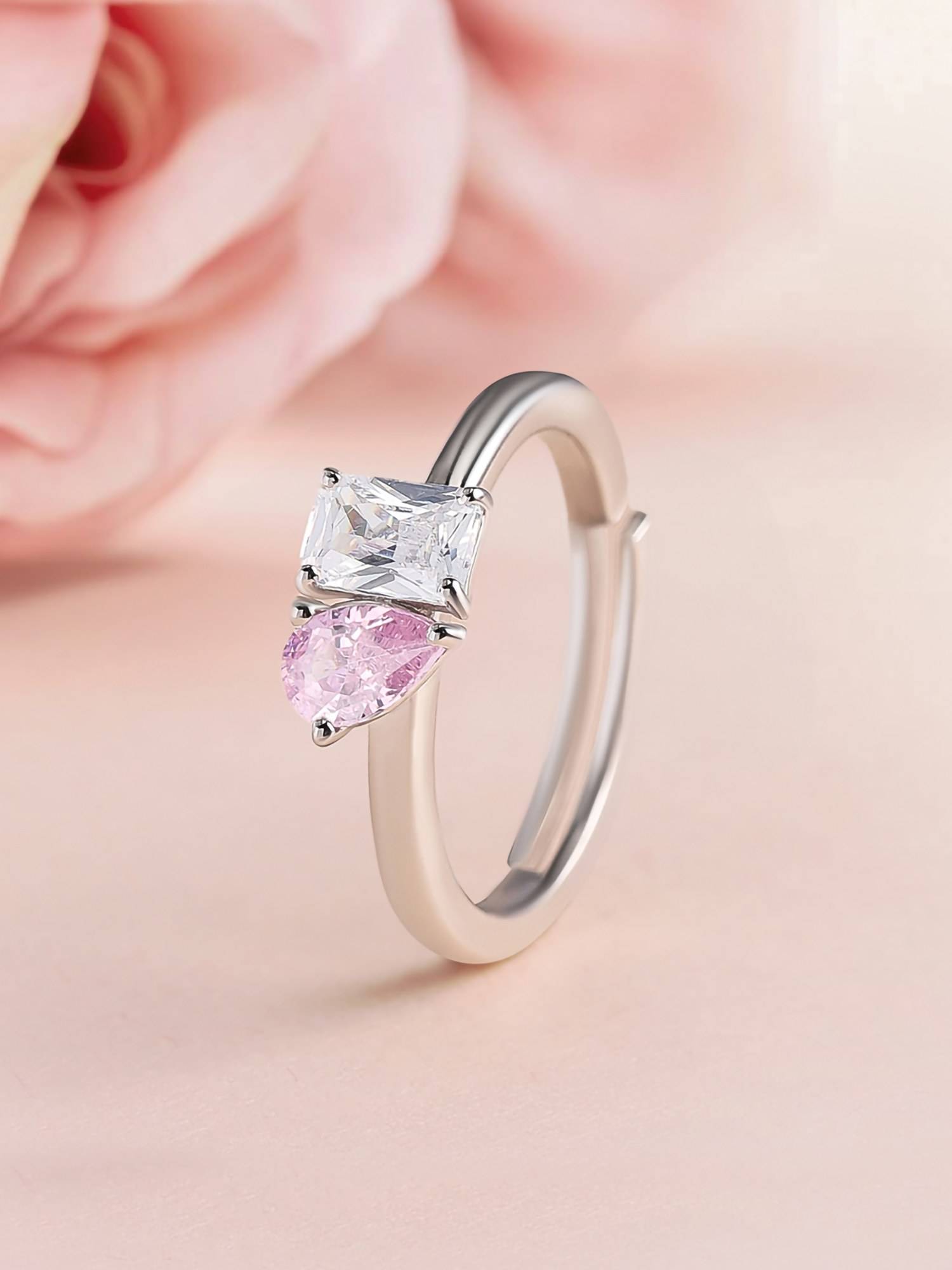 925 Hallmark Pink CZ Toi Et Moi Adjustable Ring For Women & Girls