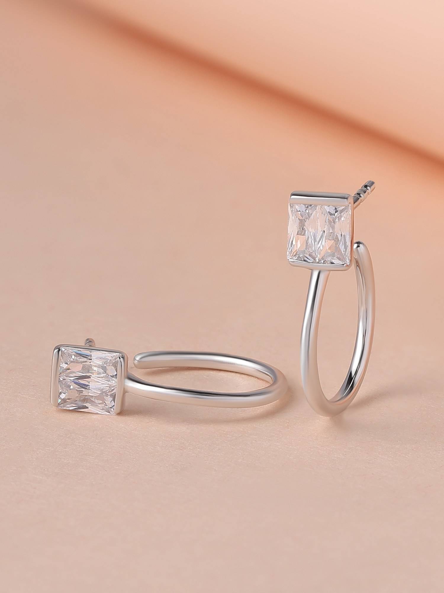 Ornate Jewels 925 Silver Baguette White American Diamond Hoop Earring for Women & Girls