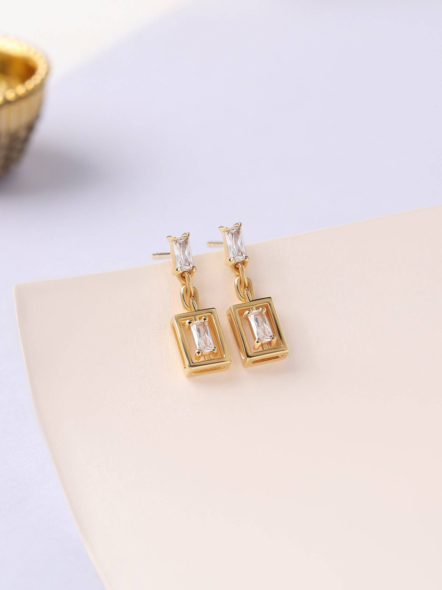 Ornate Jewels 925 Silver Yellow Gold Baguette American Diamond Dangler Earring for Women & Girls