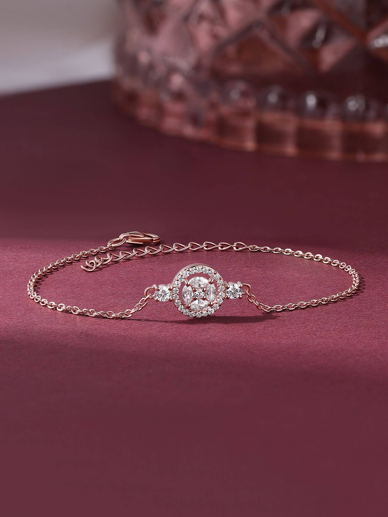 Ornate Jewels 925 Silver Rose Gold American Diamond Halo Cluster Bracelet for Women & Girls