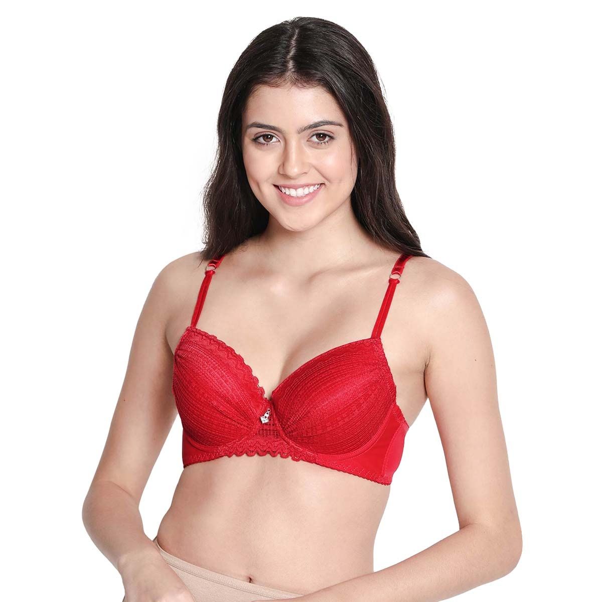 Buy Shyaway Women Fiery Red Floral Printed Padded Wired Bottom Lace Bra  online