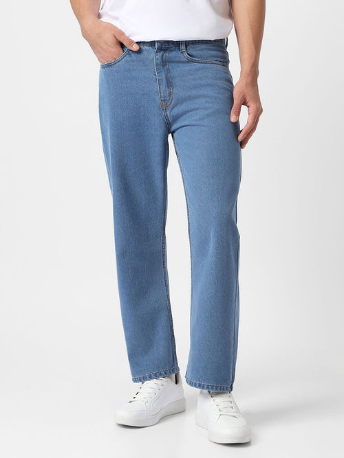 Urbano Fashion Mens Light Blue Loose Fit Washed Jeans Non-Stretchable