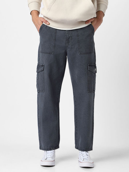 Buy Urbano Fashion Mens Grey Loose Fit Cargo Jeans with Pockets