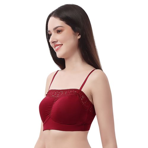 SOIE Non Wired Micro Modal Stretch Lacy Bandeau Bra with Removable Pads and  Detachable Straps-Maroon (L)