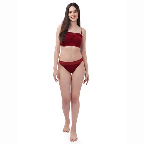 Buy SOIE Non Wired Micro Modal Stretch Lacy Bandeau Bra with Removable Pads  and Detachable Straps-Maroon Online