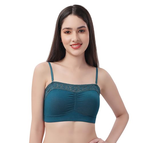 SOIE Non Wired Micro Modal Stretch Lacy Bandeau Bra with Removable Pads and  Detachable Straps-Teal (XL)