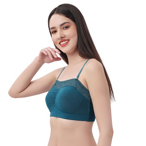 SOIE Non Wired Micro Modal Stretch Lacy Bandeau Bra with Removable Pads and  Detachable Straps-Teal (XL)