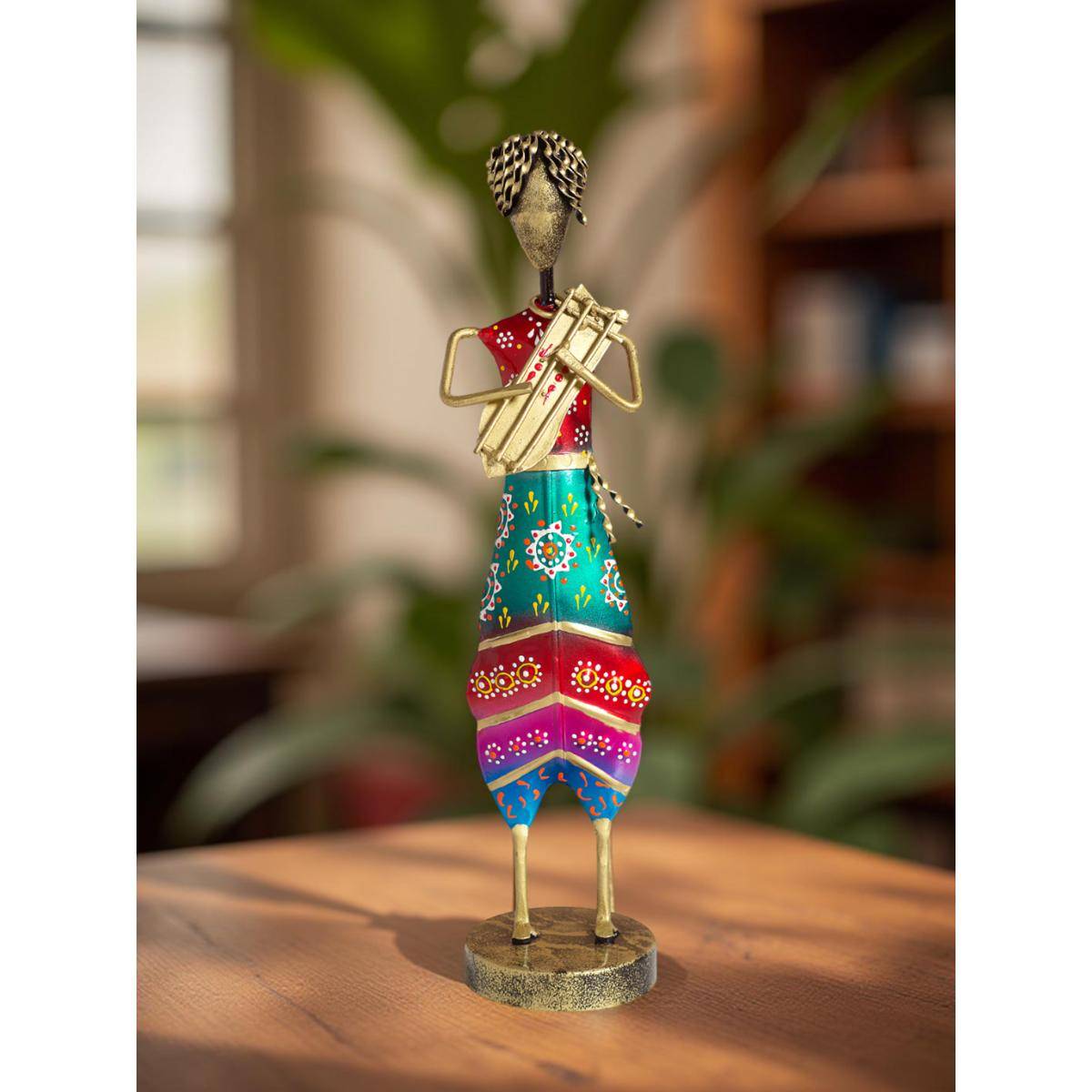 Golden Peacock Red Teal Green Textured Musician Figurine Showpiece