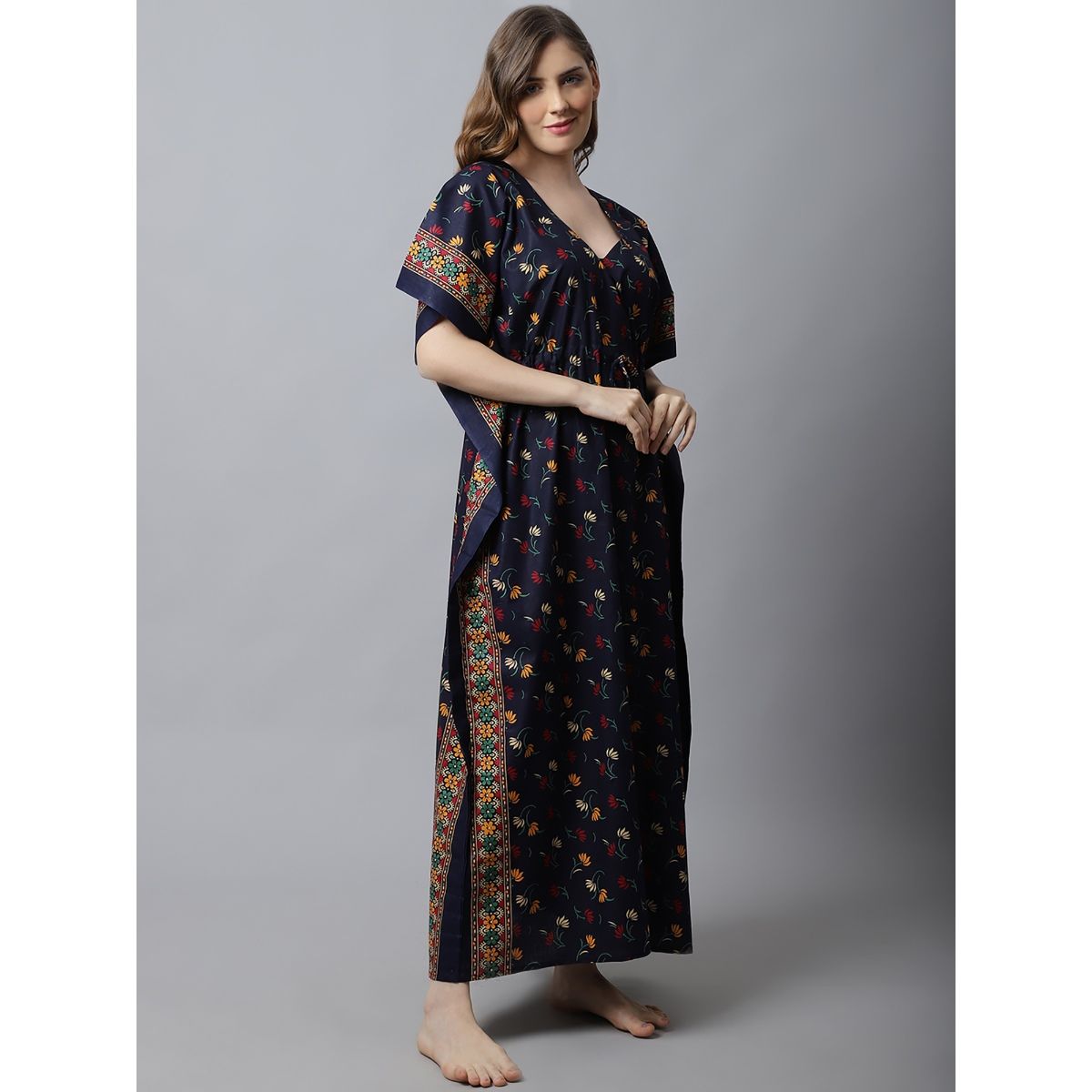 Buy Secret Wish Navy Blue Floral Cotton Kaftan Nighty Online