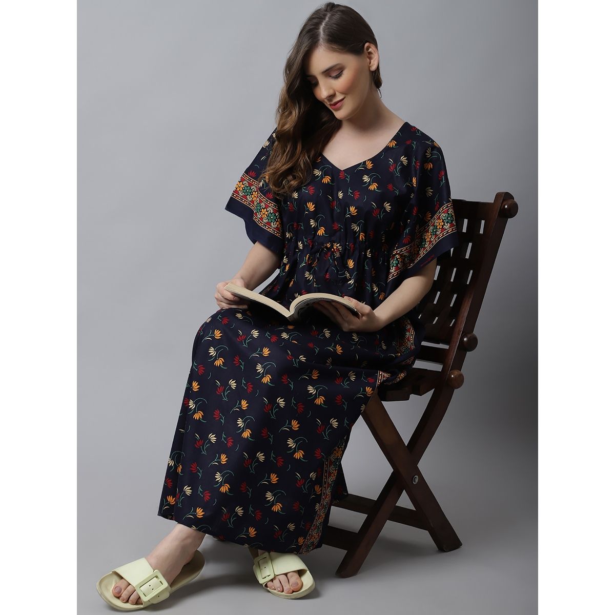 Buy Secret Wish Navy Blue Floral Cotton Kaftan Nighty Online
