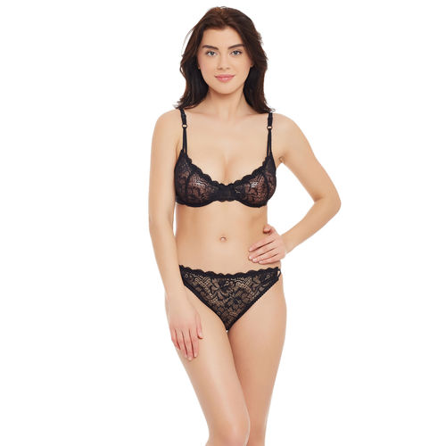 Clovia Set Of Bra And Panty: Sexy Non Padded Underwired Bra And Panty In  Black Lingerie Set