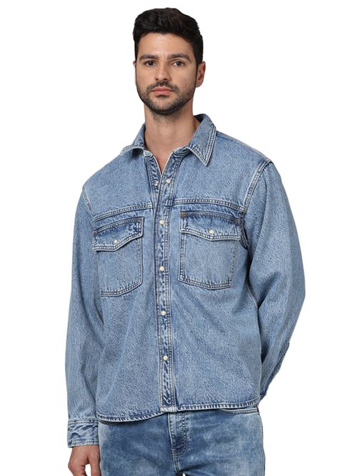 CELIO Men Blue Solid Oversized Cotton Casual Denim Shirt