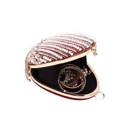 Embroidered Red Velvet Chain Strap Clutch Purse Bag - CozyLadyWear