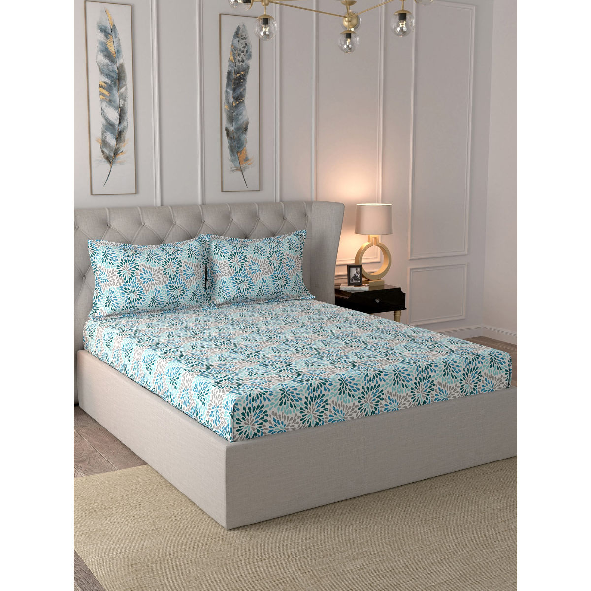 Inhouse by Maspar Glam Laura Blue Print 144TC Cotton King Bed Sheet With 2 Pillow Covers