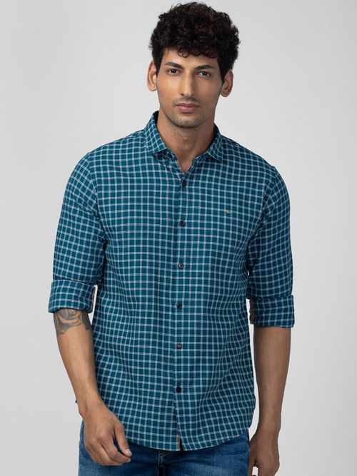 Buy Spykar Men Teal Blue Cotton Regular Slim Fit Checkered Shirt