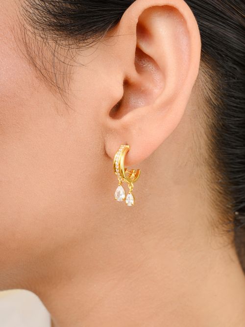 METALM Elegant White CZ Drop Hoop Earrings in 925 Silver