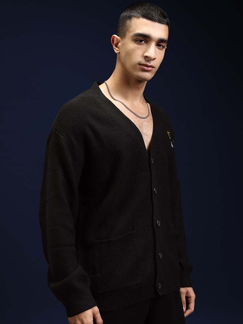 HIGHLANDER Men Jet Black Self Design Cardigan - Main Image