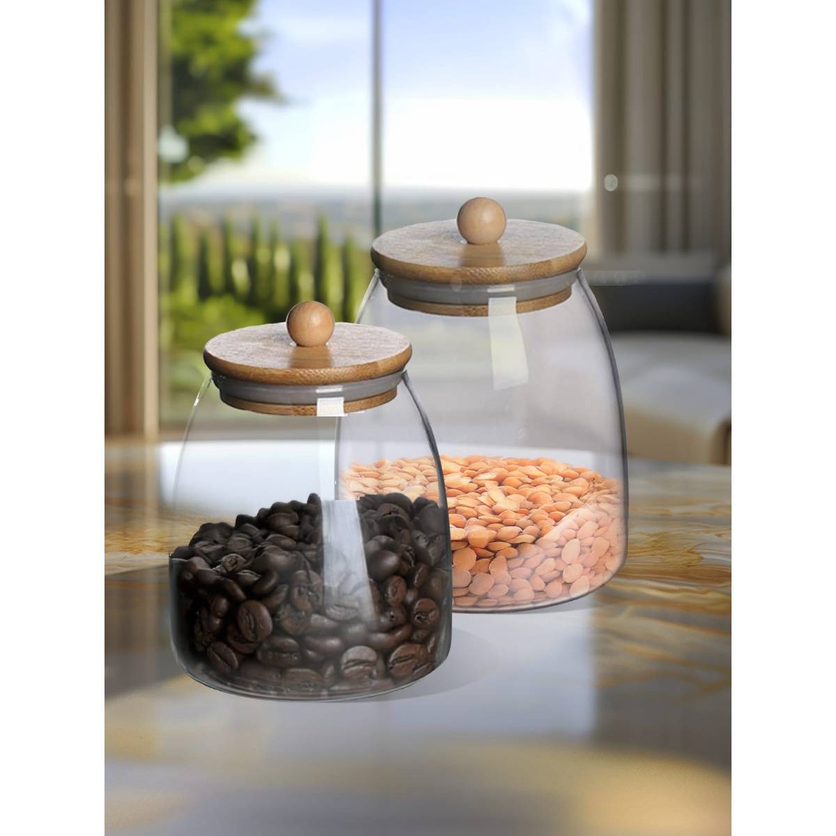 UMAI Borosilicate Glass With Bamboo Lid- 1000Ml- Pack Of 2