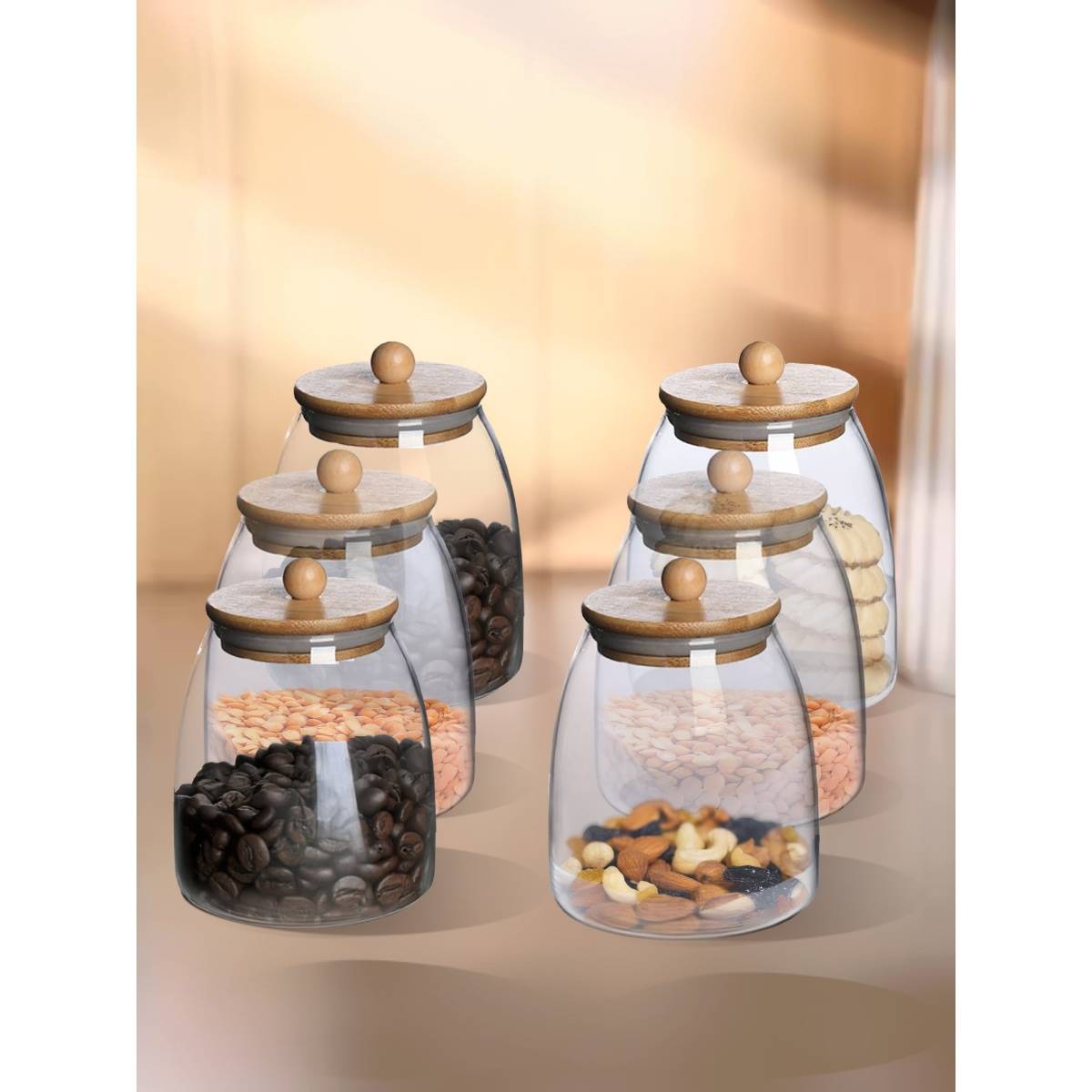 UMAI Borosilicate Glass With Bamboo Lid- 1000Ml- Pack Of 6