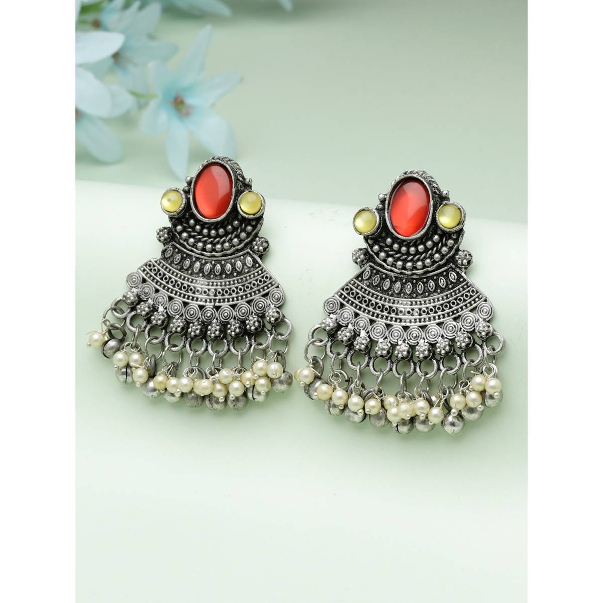 Moedbuille Red Mirrors and Pearls Studded Oxidised Silver Plated Drop Earrings