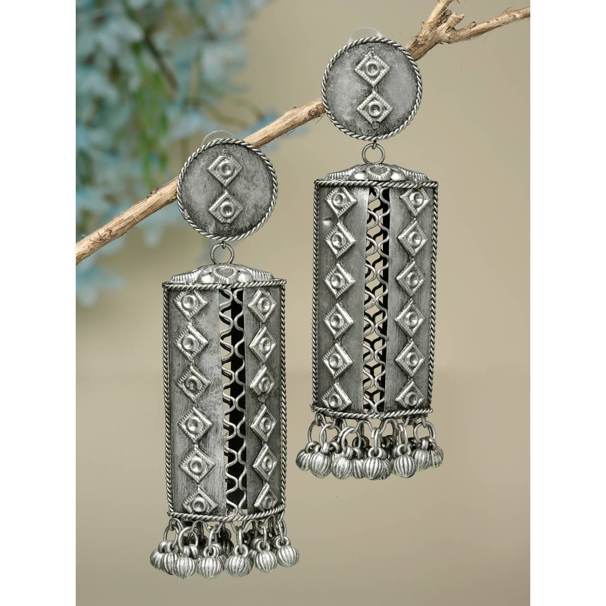 Moedbuille White Ghungroo and Crystals Studded Oxidised Silver Plated Jhumkas