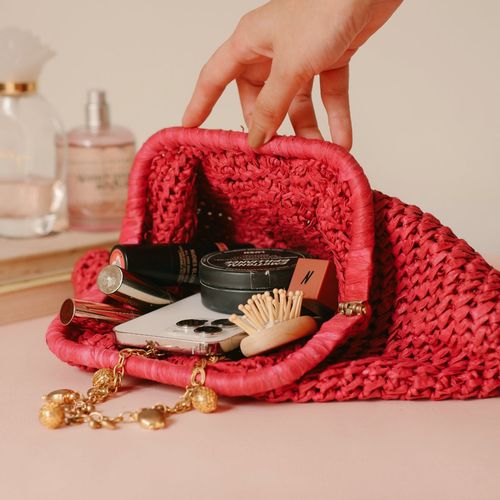 Buy IRO Red Cherry Raffia Clutch Online