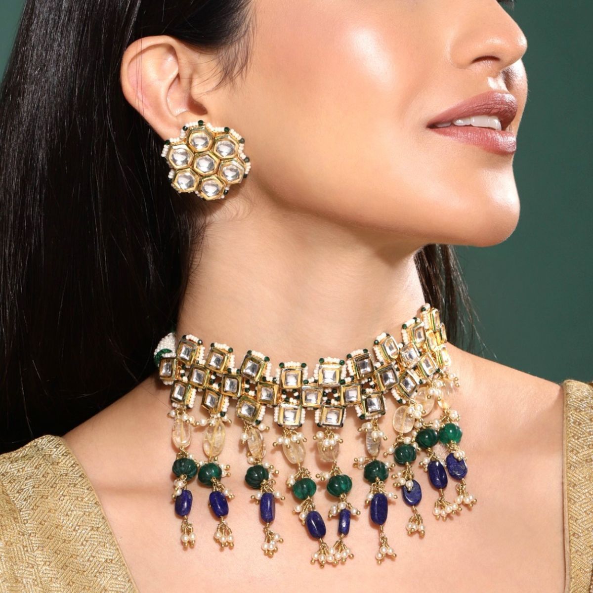 HEER- HOUSE OF JEWELLERY Lapis Lazuli Blue & Emerald Green Stones 