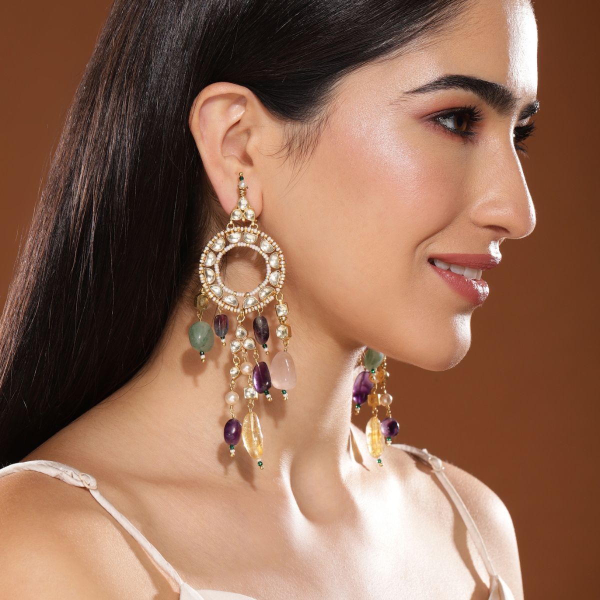 HEER- HOUSE OF JEWELLERY Polki Hoop Earrings with Multi Coloured Onyx 