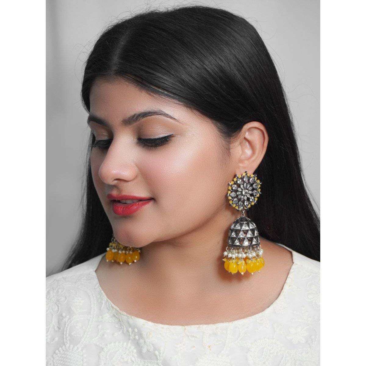 Niscka American Diamond with Yellow Beads Flower Jhumka