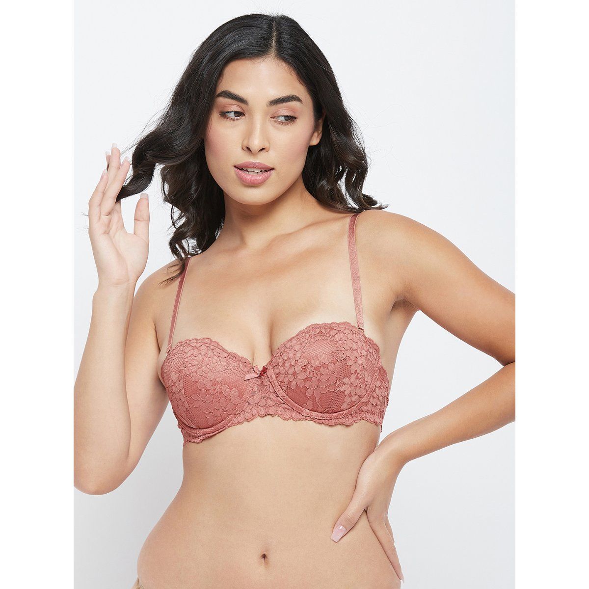 Clovia Women's Lace Padded Underwired Balconette Strapless Bra in Red