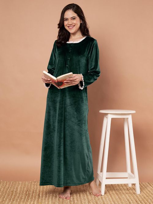 Buy Secret Wish Bottle Green Solid Velvet Winter Night Dress Online