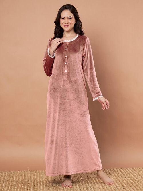 Buy Secret Wish Pink Solid Velvet Winter Night Dress Online