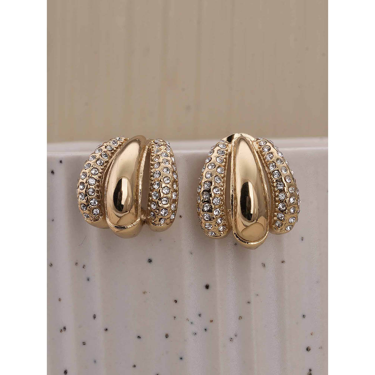 Palmonas Radiant Gold Plated and White Stone Studded Half Hoop Earrings
