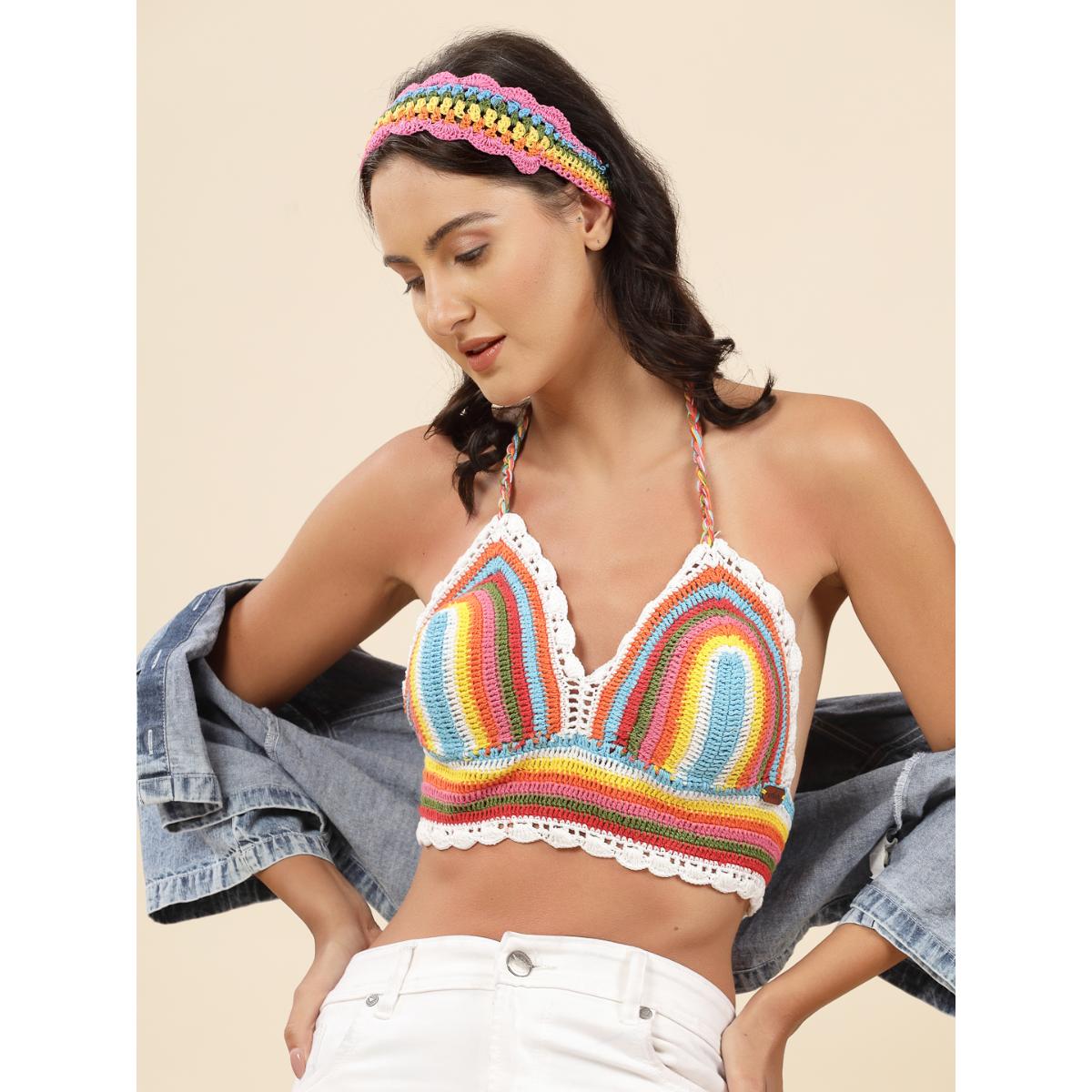 Buy Velvery Multi Color Halter Neck Padded Bralette Top with Tie Ups Online