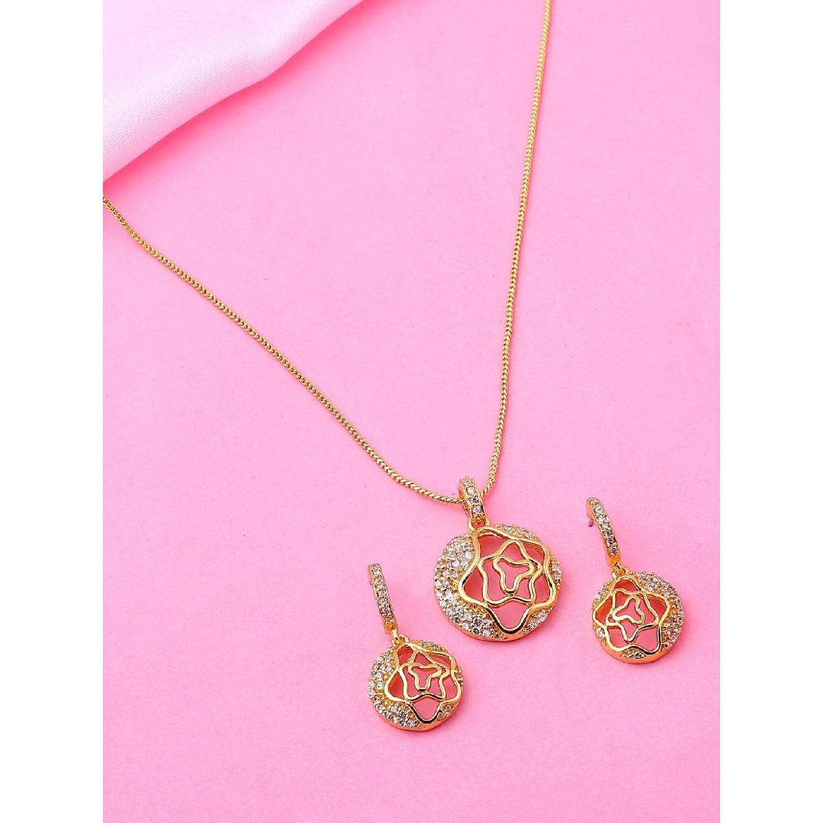 Estele Gold Plated CZ Flower Pendant Necklace for Women (Set of 2)