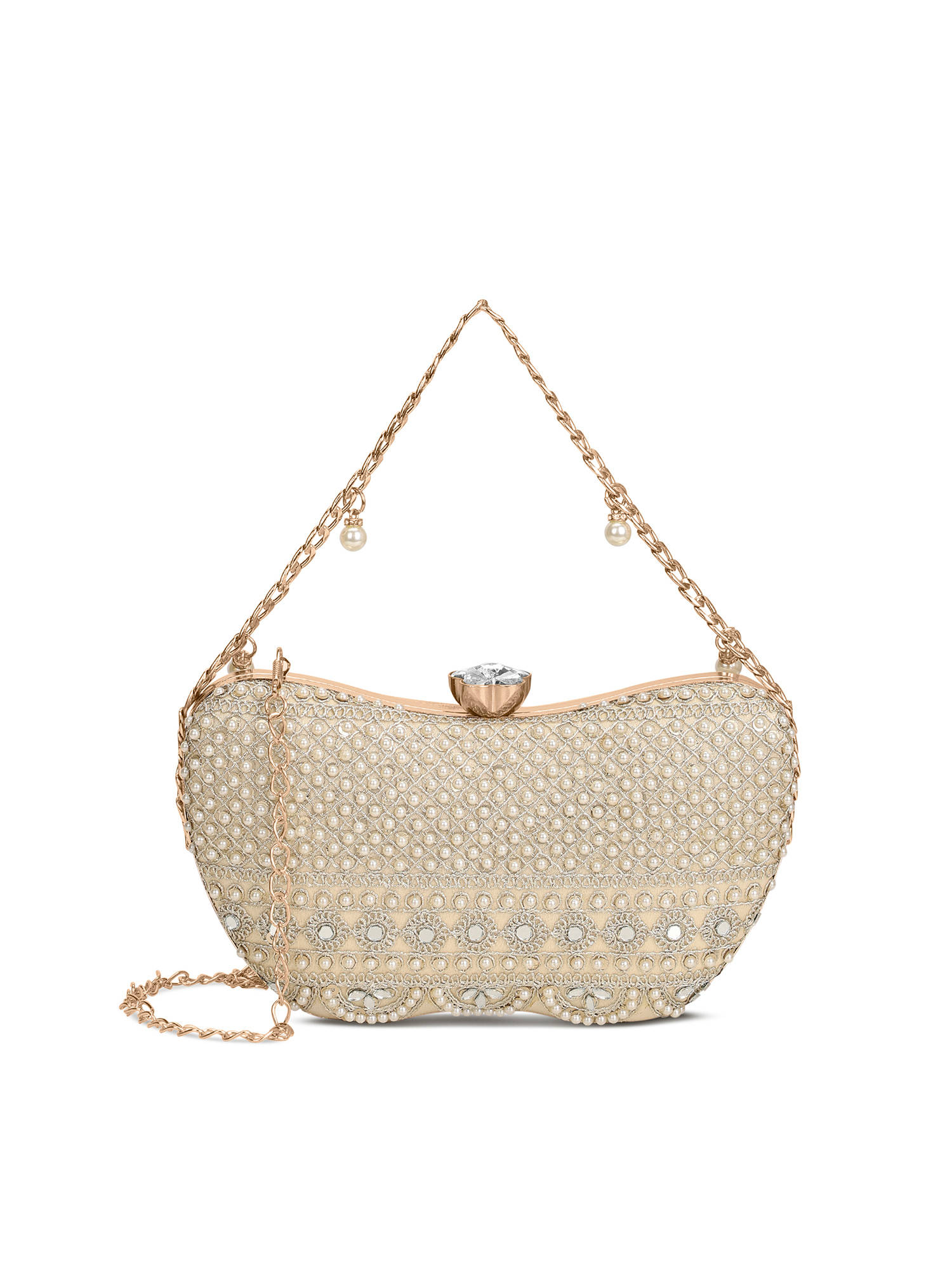 Lavie Signature Nilo Pearl Embellished Gold Clutch with Detachable Chain Strap (S)