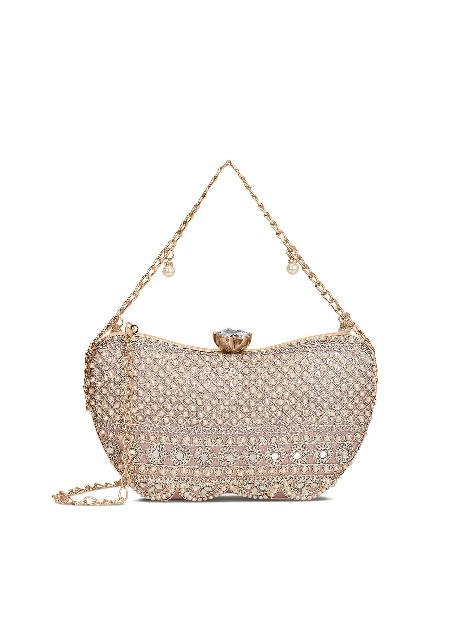 Lavie Signature Nilo Pearl Embellished Rose Gold Clutch with Detachable Chain Strap (S)