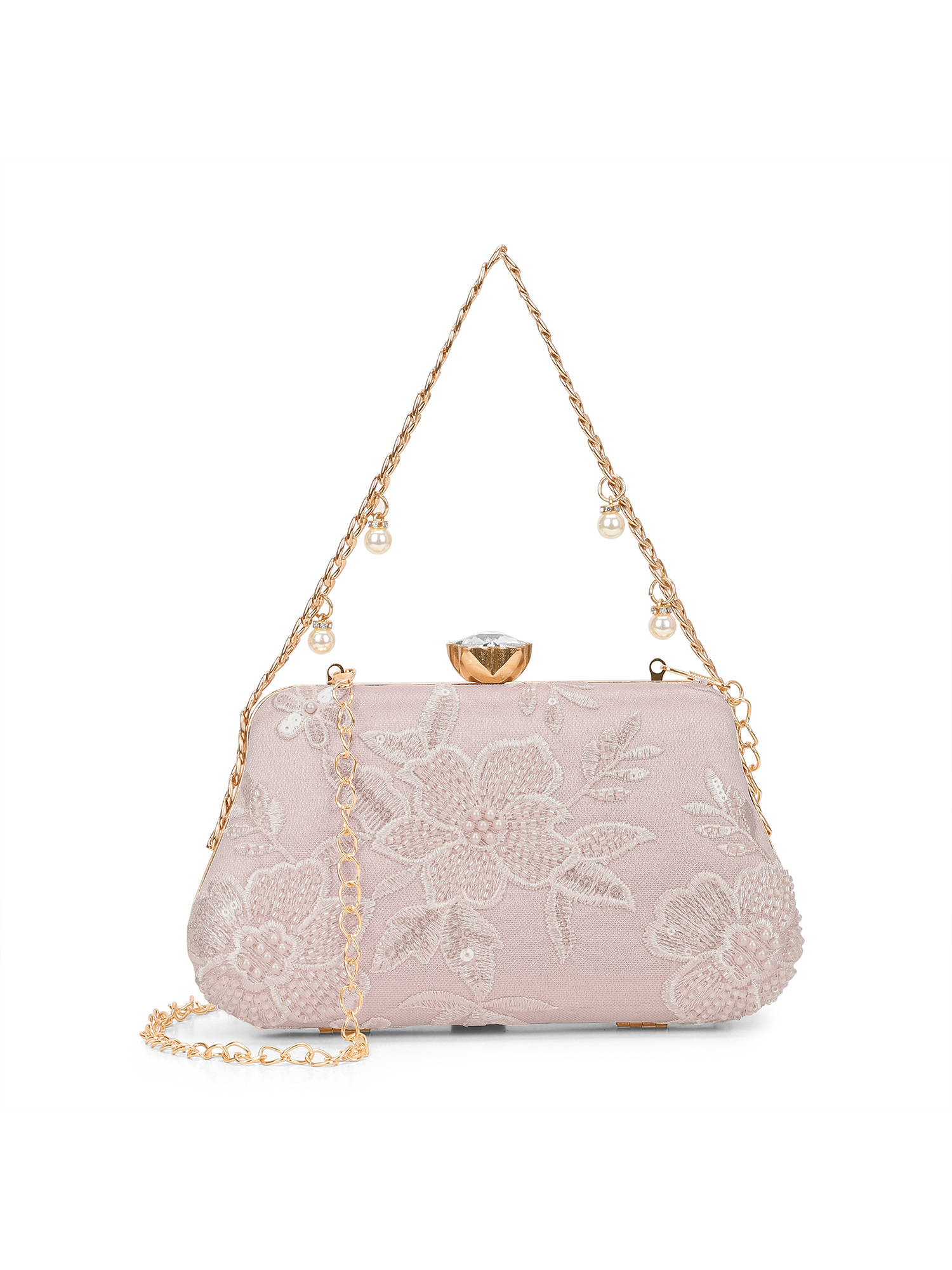 Lavie Signature Zora Fabric Embroidered Rose Gold Clutch with Detachable Chain Strap (S)