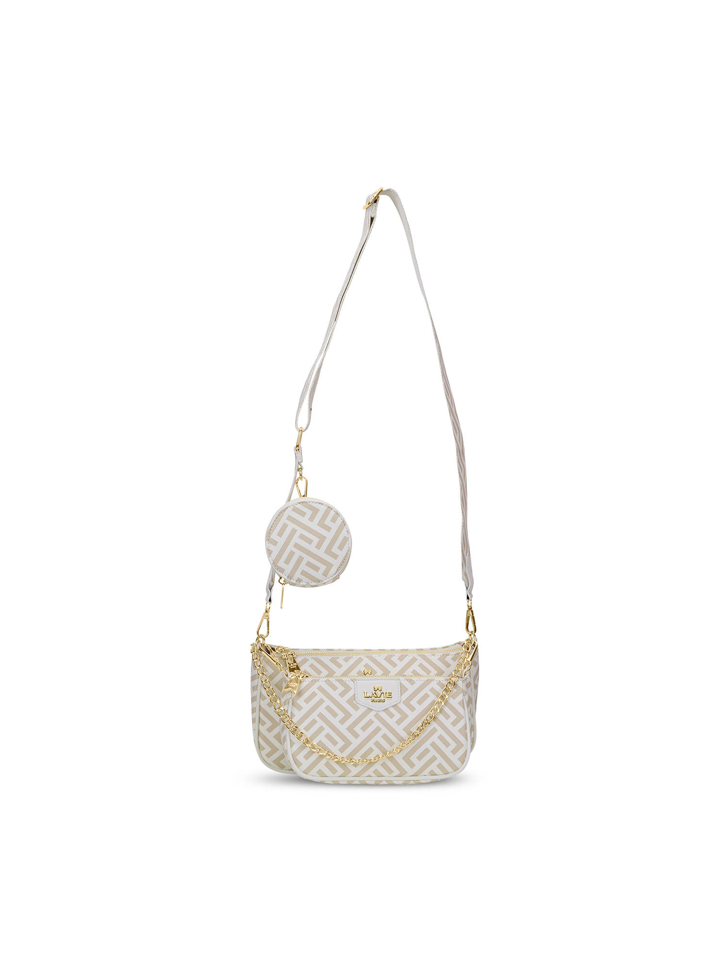 Lavie Paris Mono Ll Printed White Sling Bag with Detachable Strap & Coin Pouch (S)