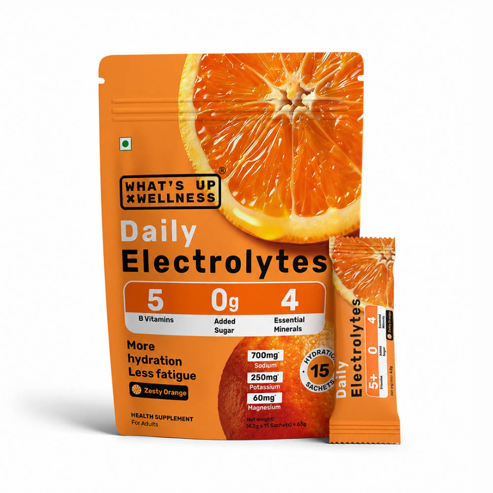 What's Up Wellness Daily Electrolytes Sachets -Zesty Orange, Zero Added Sugar, Instant Hydration