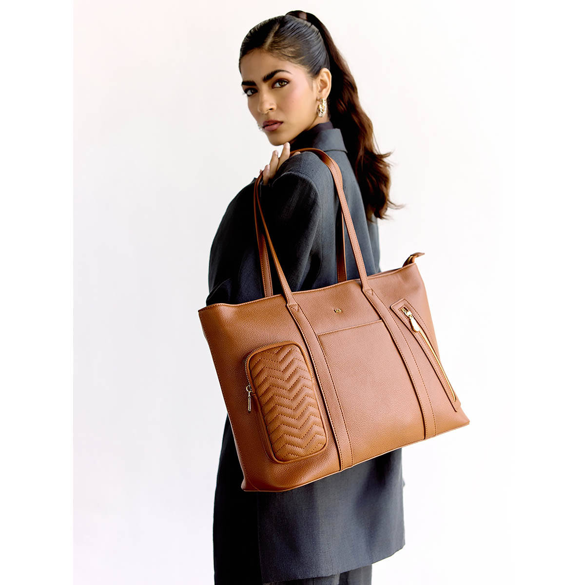 HIE Tan Vegan Leather Solid Handbag