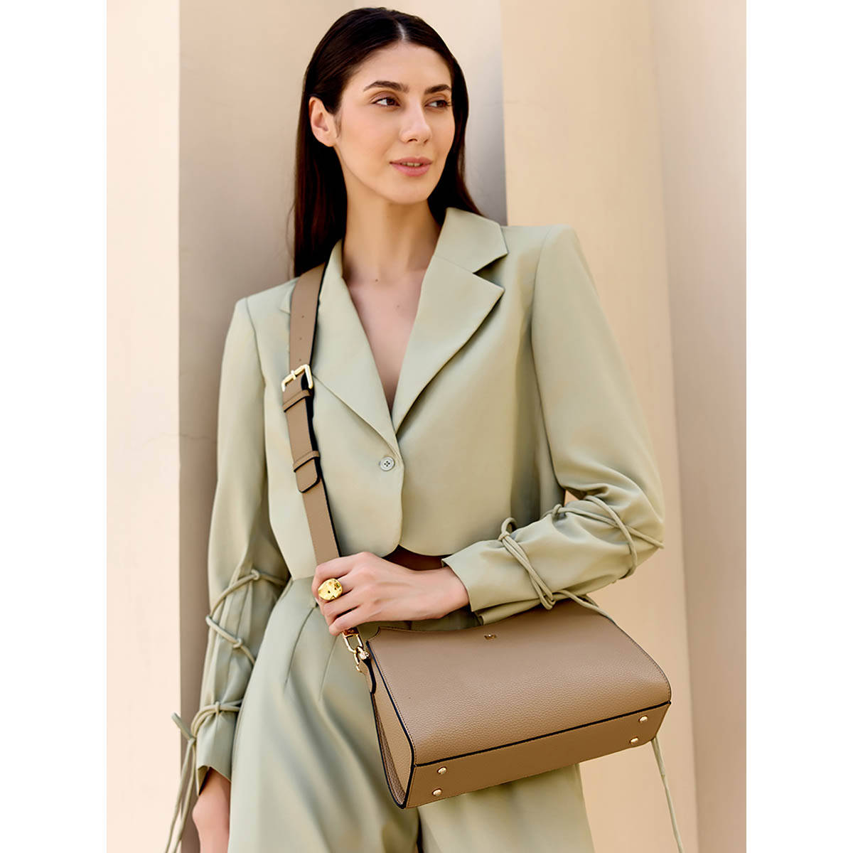 HIE Beige Vegan Leather Solid Slingbag with Detachable