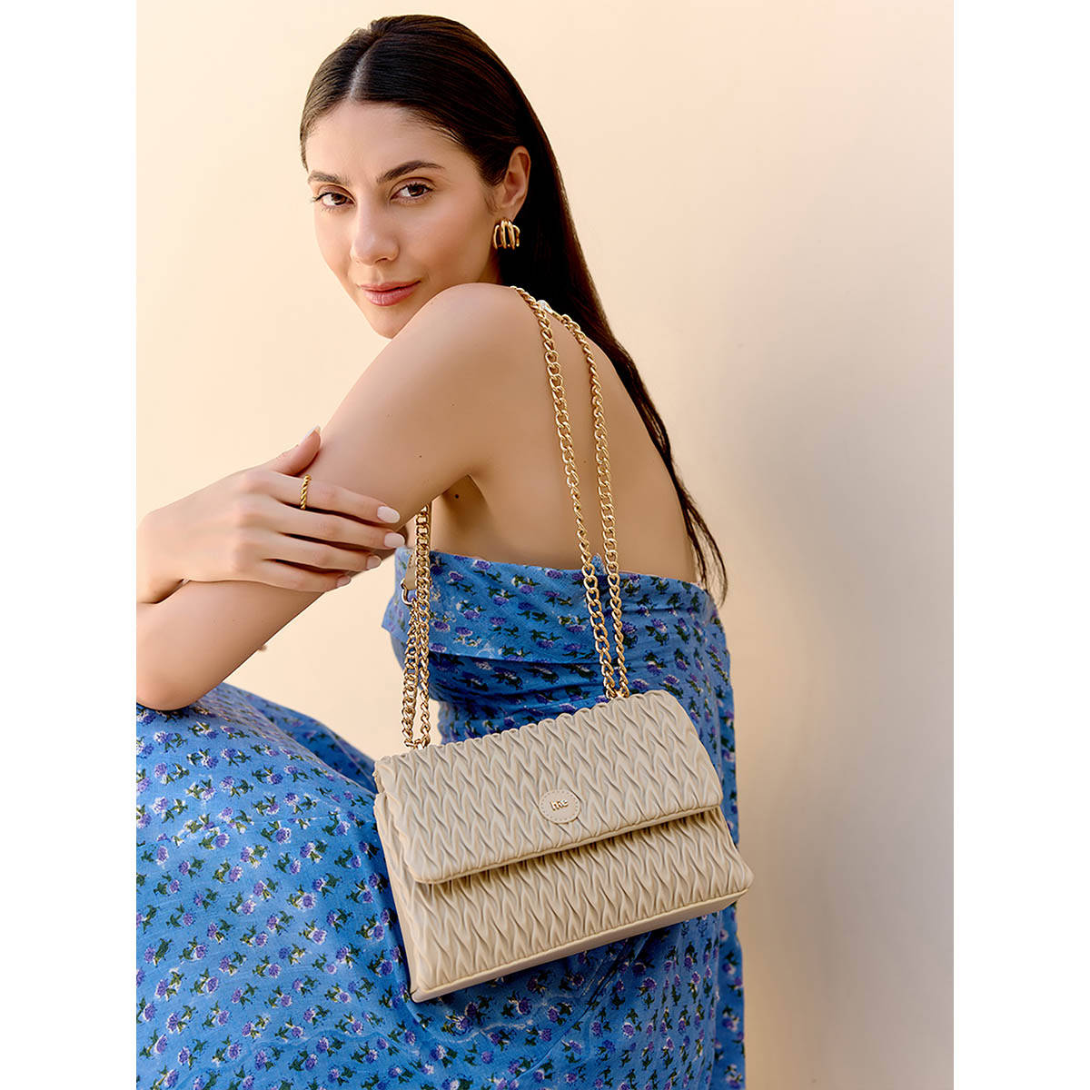 HIE Beige Vegan Leather Textured Slingbag