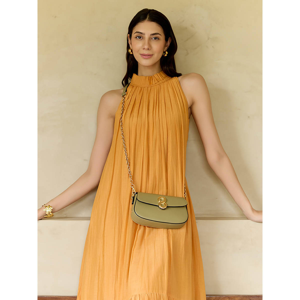 HIE Olive Vegan Leather Solid Slingbag with Detachable Chain Strap